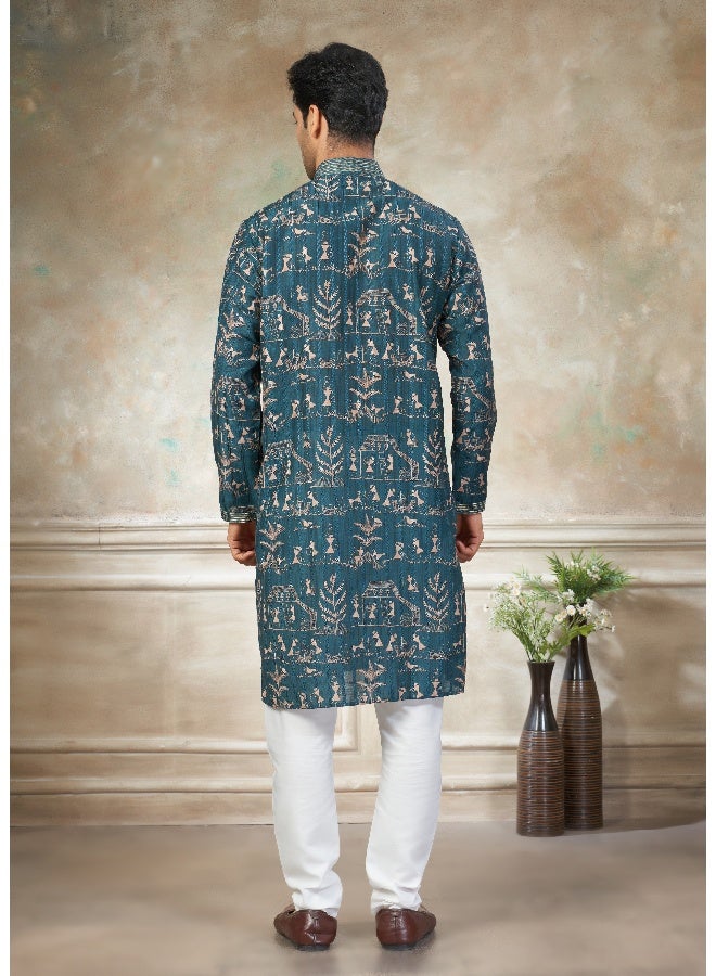 OUTLUK Teal Blue Embroidered Kurta for Men - Image 2
